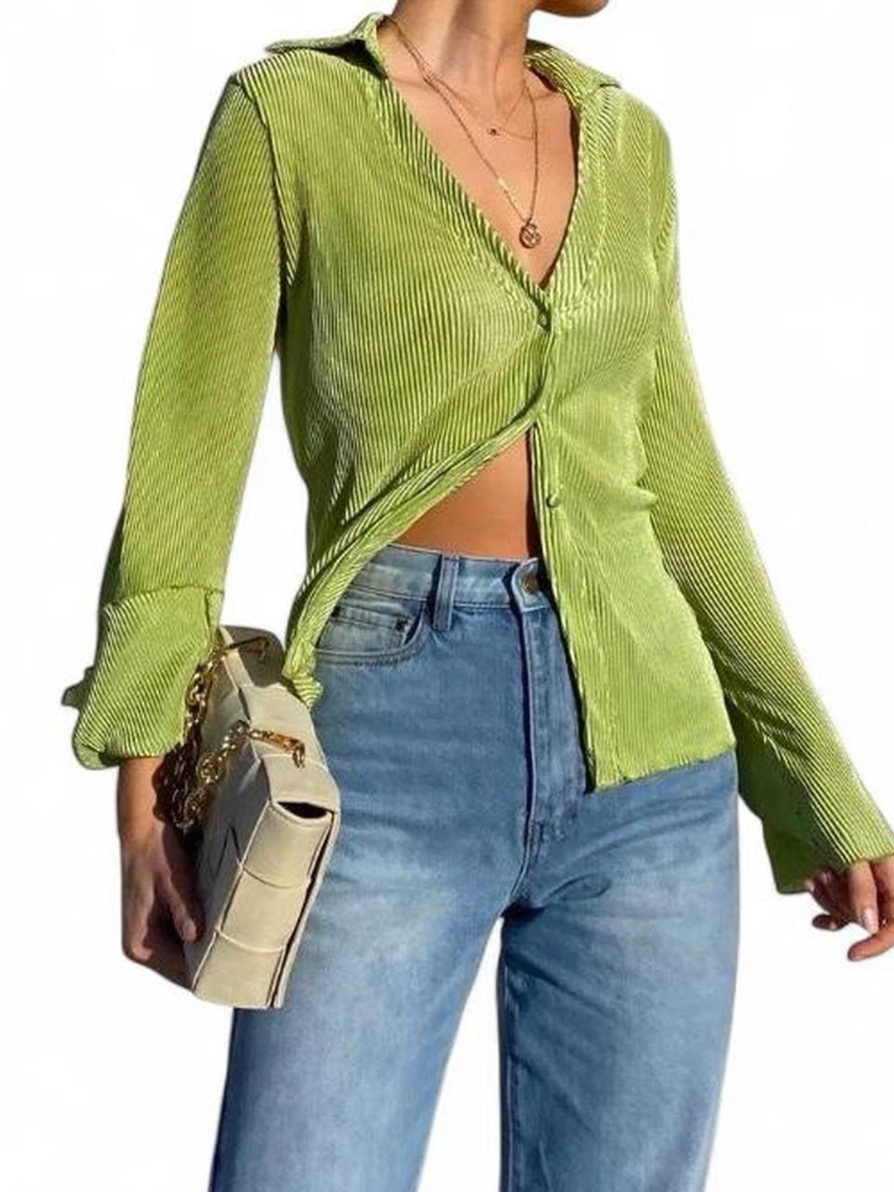 zeagoo Pistachio Lime Green Ribbed Satin Button-Up V-Neck Blouse Size M